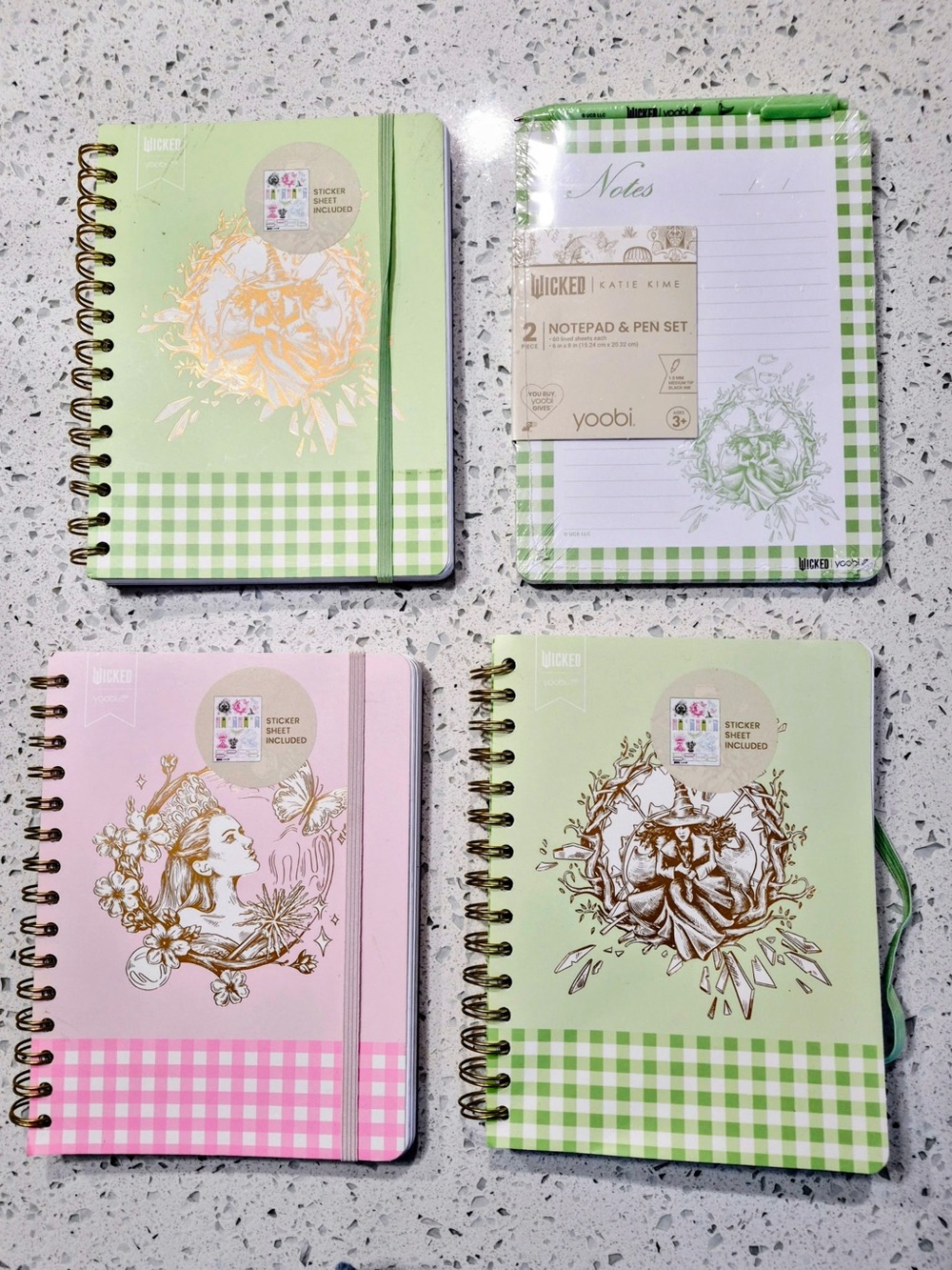 4- Yoobi Floral Spiral Notebook & Notepad Set - Pastel Green & Pink